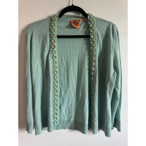 Tory Burch Mint Green Merino Wool Embellished Cardigan Sweater Size M